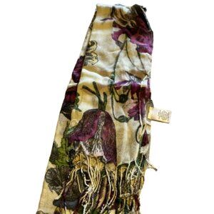 New York & Company Cream Scarf with Fuchsia Flowers & Fringe